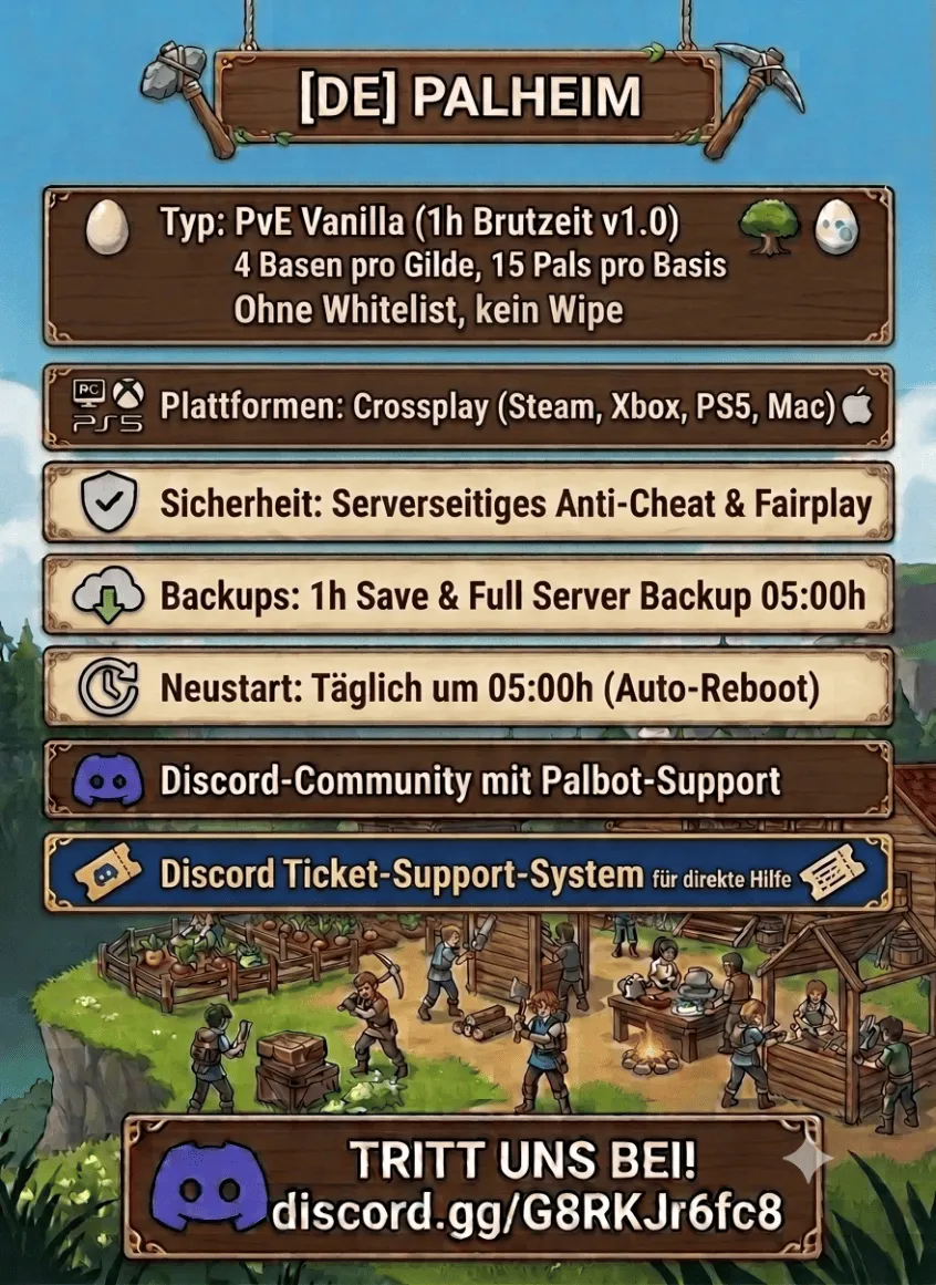 Serverbeschreibungs Banner von [DE] Palheim • Crossplay Vanilla PvE • Kein Wipe 24/7