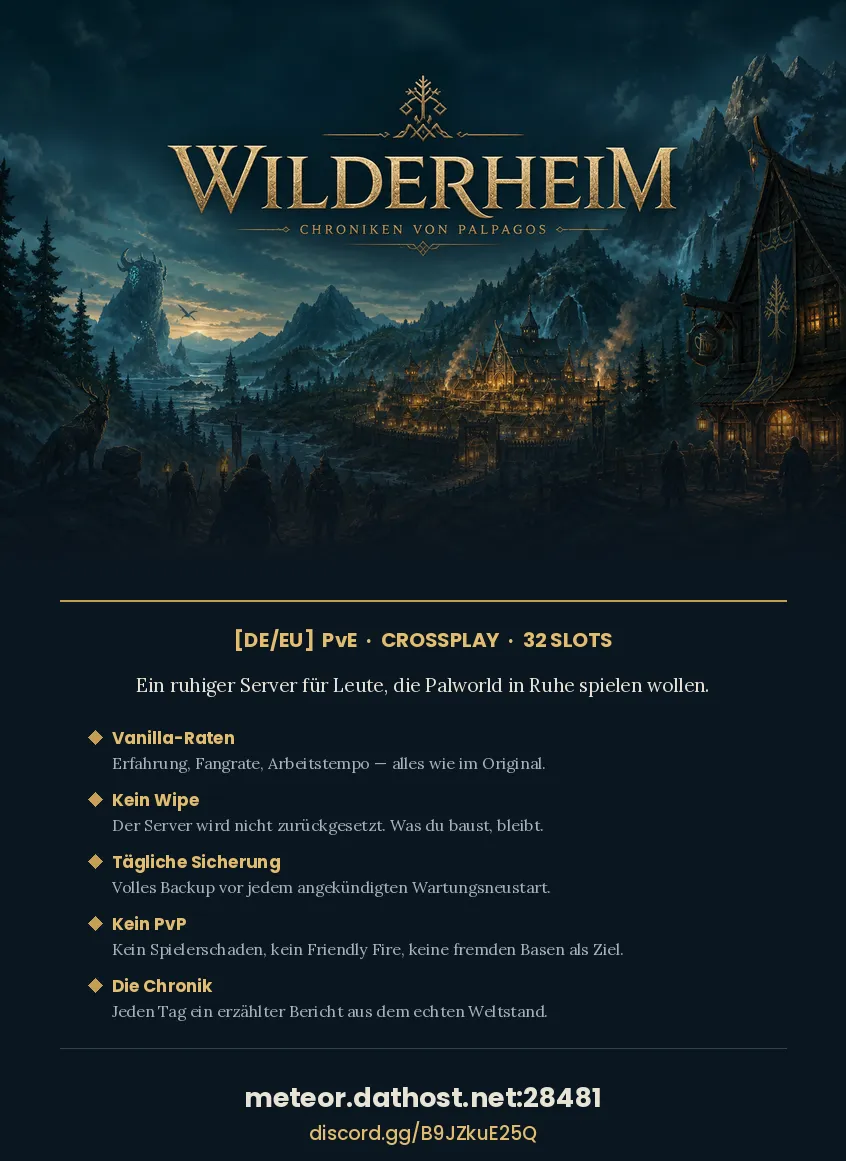 Serverbeschreibungs Banner von [DE/EU] WILDERHEIM — PvE · Crossplay · Vanilla · NoWipe