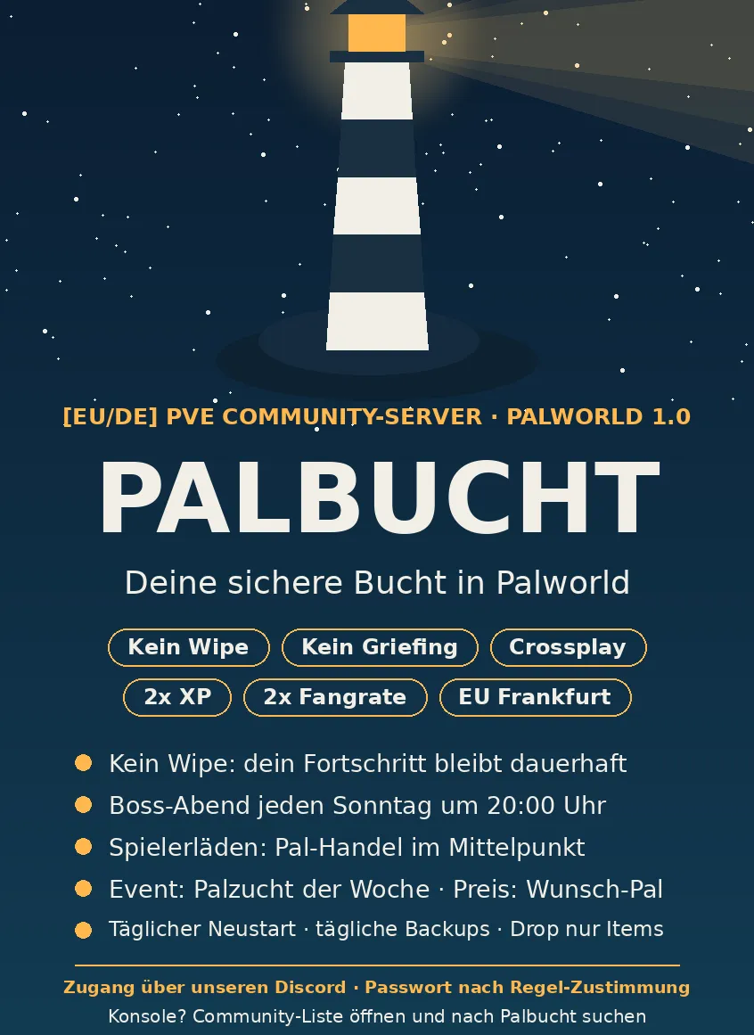 Serverbeschreibungs Banner von [EU/DE] Palbucht | PvE | Kein Wipe | 4x XP | Crossplay | DE/EN