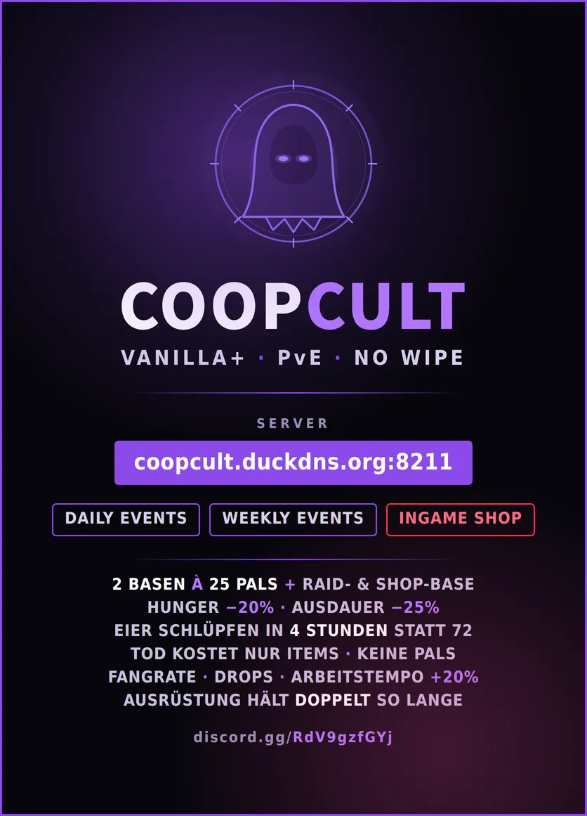 Serverbeschreibungs Banner von [DE] CoopCult — PvE · No Wipe · Events · Ingame-Shop