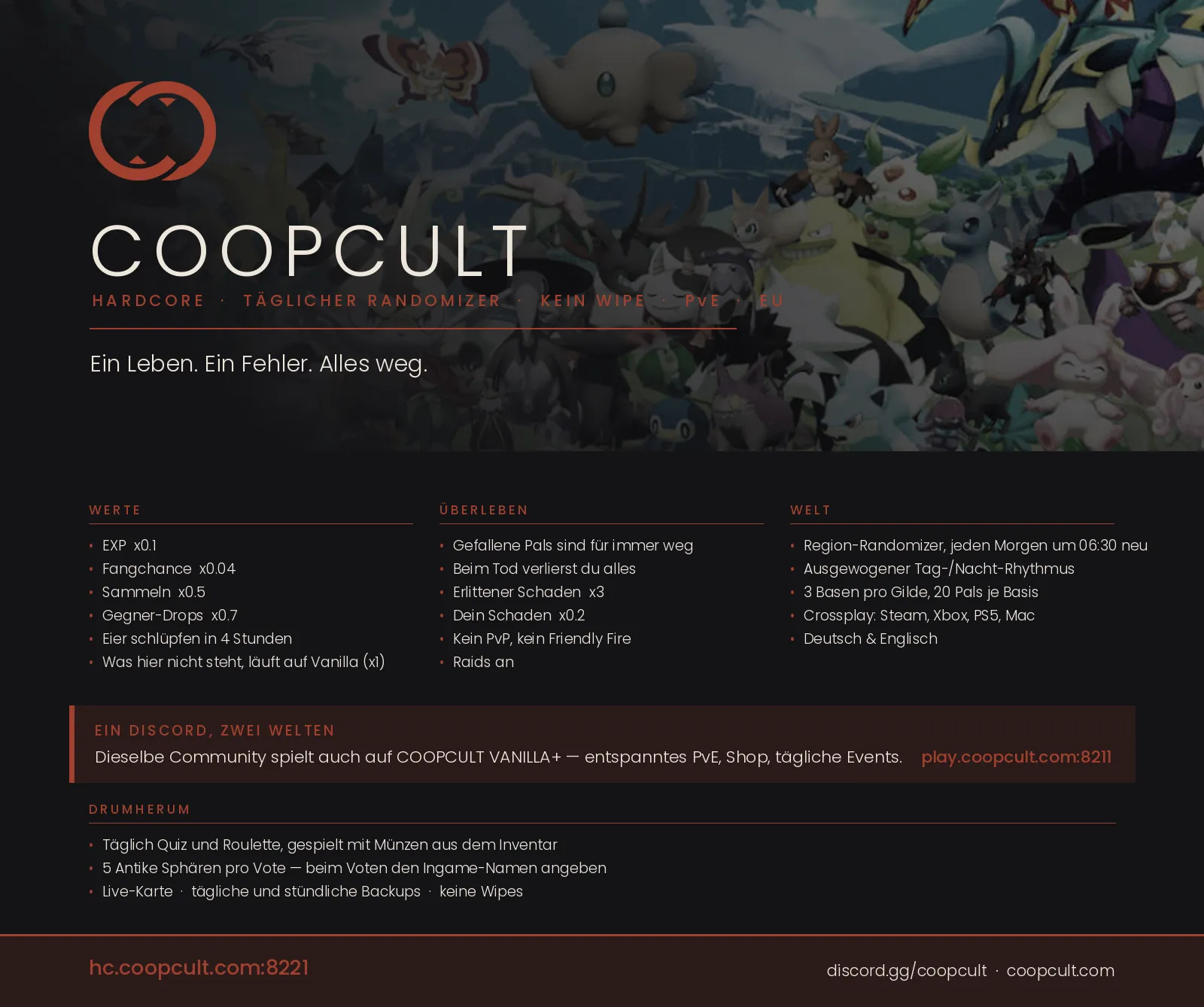 Serverbeschreibungs Banner von (NEW) COOPCULT HARDCORE · Täglicher Randomizer · Pals bleiben tot (DE/EN)