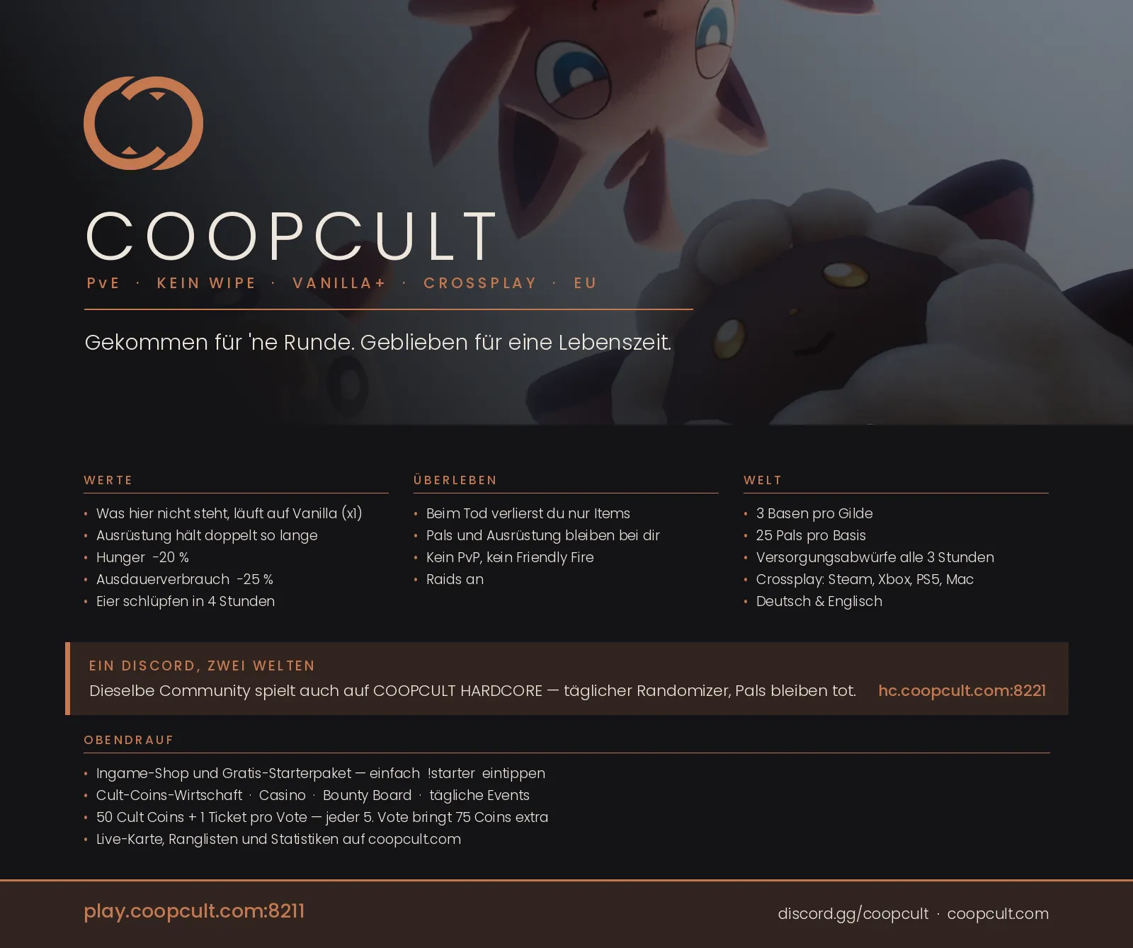 Serverbeschreibungs Banner von (NEW) COOPCULT · Kein Wipe · PvE · Täglich Events · Shop (DE/EN)